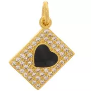Colgante rectangular con motivo de corazón de  óxido de zirconio en resina epoxi 13x9 mm - Oro - Negro
