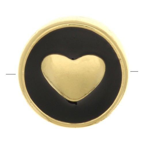 Cuenta redonda en forma de corazón - resina epoxi 11 mm - Oro - Negro x1
