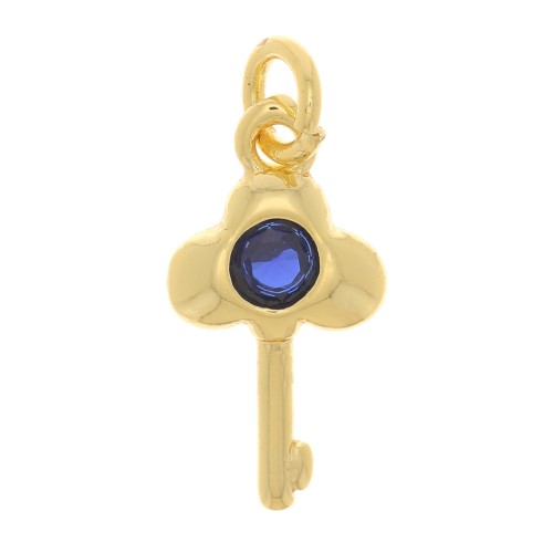 Charm de llave con  óxido de zirconio 13x7 mm - Dorado - Azul oscuro x1