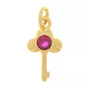 Charm de llave con óxido de zirconio 13x7 mm - Dorado - Fucsia x1