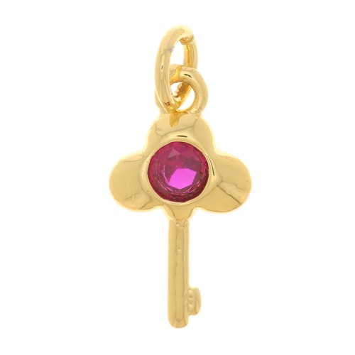 Charm de llave con óxido de zirconio 13x7 mm - Dorado - Fucsia x1