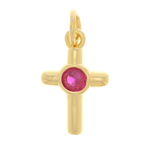 Charm de Cruz con  óxido de zirconio 12x8 mm - Dorado - Fucsia x1