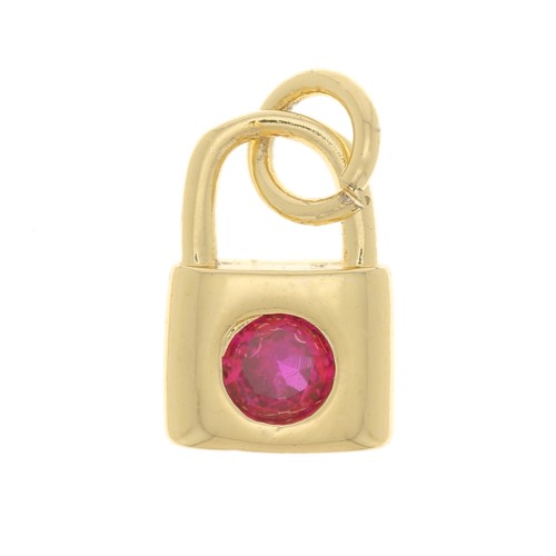 Charm de candado con óxido de zirconio 8x6 mm - Dorado - Fucsia x1