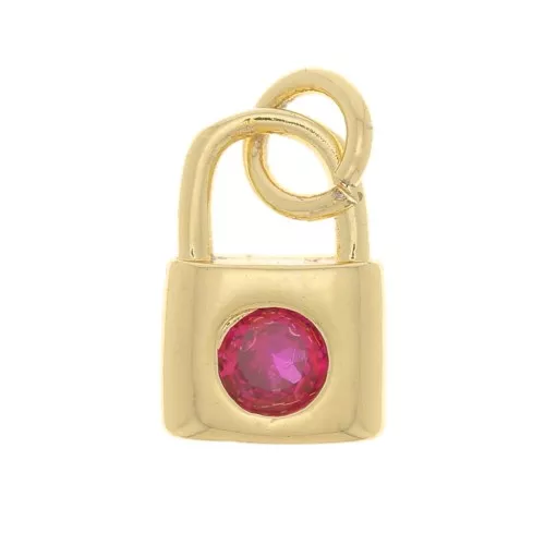 Charm de candado con óxido de zirconio 8x6 mm - Dorado - Fucsia x1