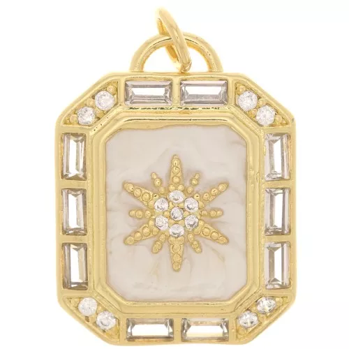 Colgante placa motivo sol - resina epoxi y  óxido de zirconio 23x17,5mm - Dorado - Crema