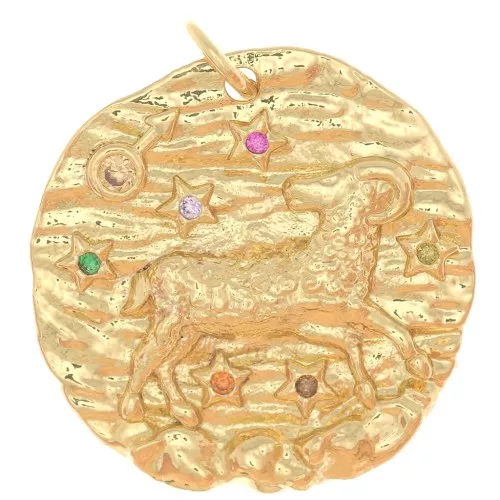 Colgante redondo irregular 21 mm con óxido de zirconio - signo zodiacal Aries - Dorado x1