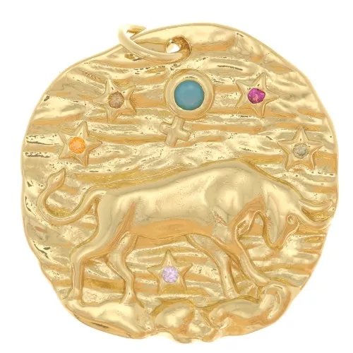 Colgante redondo irregular 21 mm con óxido de zirconio - signo zodiacal Tauro - Dorado x1