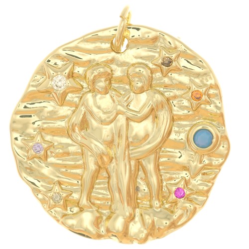 Pendentif rond irrégulier 21.5 mm avec zircons - signe du zodiaque Gémeaux - Doré