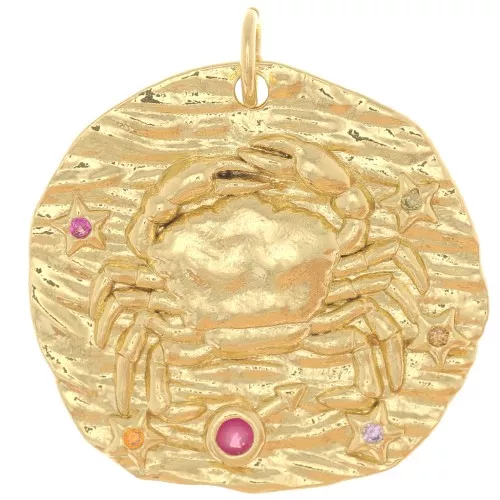 Colgante redondo irregular 22 mm con óxido de zirconio - signo zodiacal Cáncer - Dorado x1