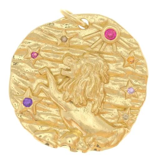 Colgante redondo irregular de 21 mm con óxido de zirconio - signo del zodiaco Leo - Dorado x1