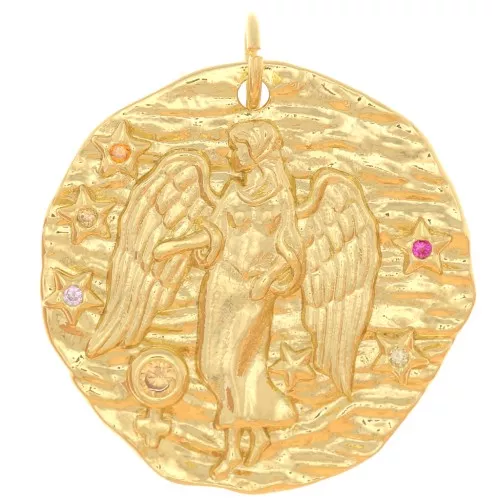 Colgante redondo irregular 22 mm con óxido de zirconio - signo zodiacal Virgo - Dorado x1