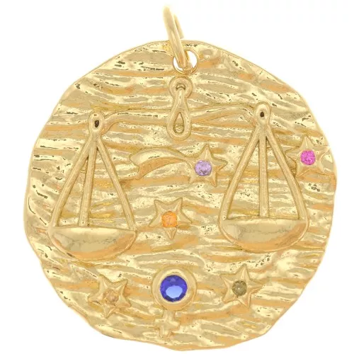 Colgante redondo irregular 21 mm con óxido de zirconio - signo zodiacal Libra - Dorado x1