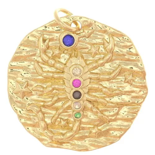 Colgante redondo irregular 22 mm con óxido de zirconio - signo zodiacal Escorpio - Dorado
