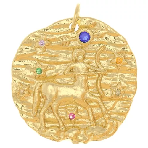 Colgante irregular redondo de 21 mm con óxido de zirconio - signo zodiacal Sagitario - Dorado