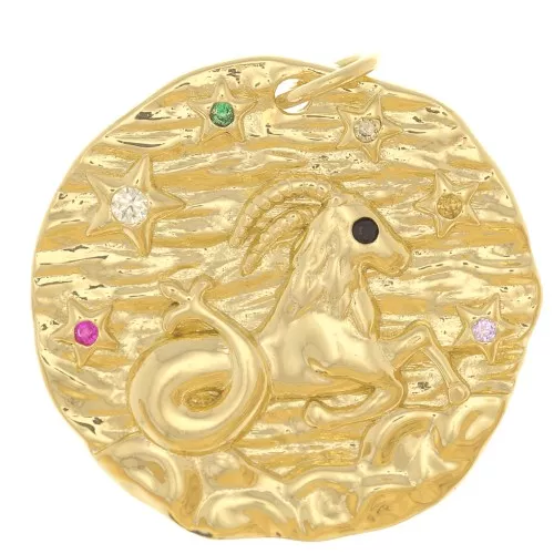 Colgante redondo irregular 22 mm con óxido de zirconio - signo zodiacal Capricornio - Dorado