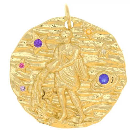 Colgante redondo irregular 22 mm con óxido de zirconio - signo zodiacal Acuario - Dorado x1