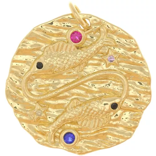 Colgante redondo irregular 22 mm con óxido de zirconio - signo zodiacal Piscis - Dorado x1