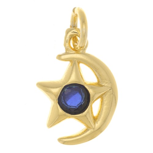 Colgante de luna y estrella con  óxido de zirconio 10x8 mm - Dorado - Azul oscuro x1