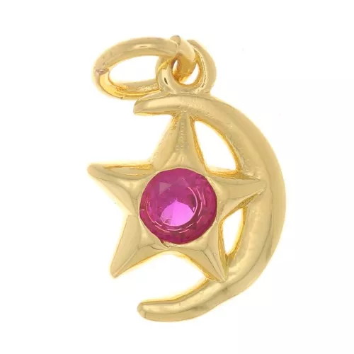 Colgante de luna y estrella con  óxido de zirconio 10x8 mm - Dorado - Fucsia x1