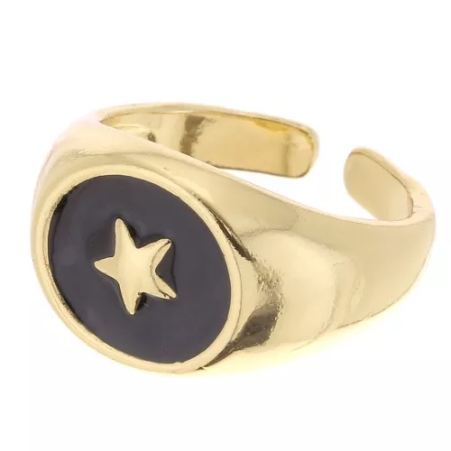 Anillo de sello - Motivo de estrella con resina epoxi - Talla 54 - Dorado - Negro x1