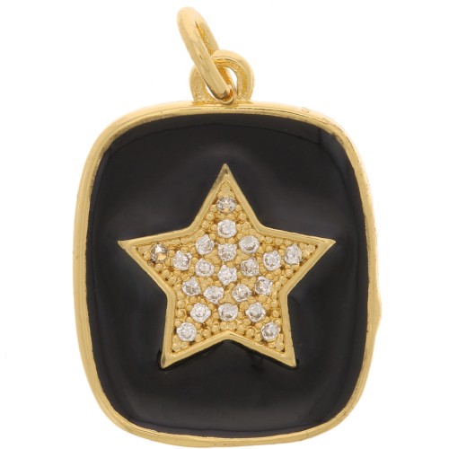 Colgante rectángulo de óxido de zirconio y resina epoxi con motivo de estrella 19x15 mm - Dorado - Negro