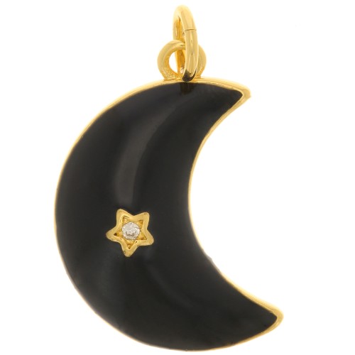 Colgante de luna con motivo de estrella con óxido de zirconio y resina epoxi 21x14 mm - Dorado - Negro x1