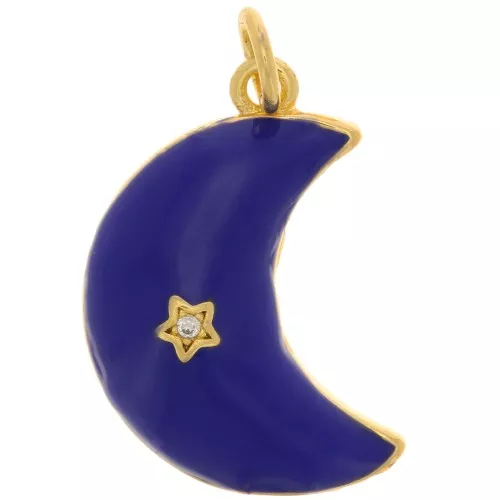 Colgante de Luna con Motivo de Estrella con Circón y Resina Epoxi 21x14mm - Dorado - Azul Oscuro