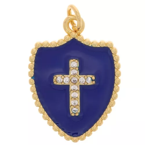 Colgante de cruz con óxido de zirconio y resina 19x14 mm - Dorado - Azul oscuro