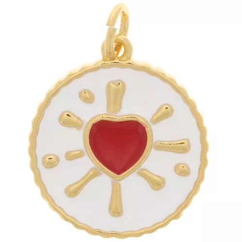 Colgante corazón redondo de resina epoxi 16 mm - Dorado - Blanco - Rojo x1