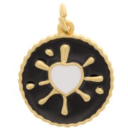 Colgante corazón redondo epoxi 16 mm - Dorado - Negro - Blanco x1