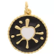 Colgante corazón redondo epoxi 16 mm - Dorado - Negro - Blanco x1