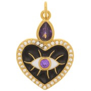 Colgante corazón y ojo - resina epoxi y óxido de zirconio 23x17mm - Dorado - Negro - Morado|raw }}