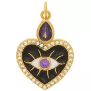 Colgante corazón y ojo - resina epoxi y óxido de zirconio 23x17mm - Dorado - Negro - Morado