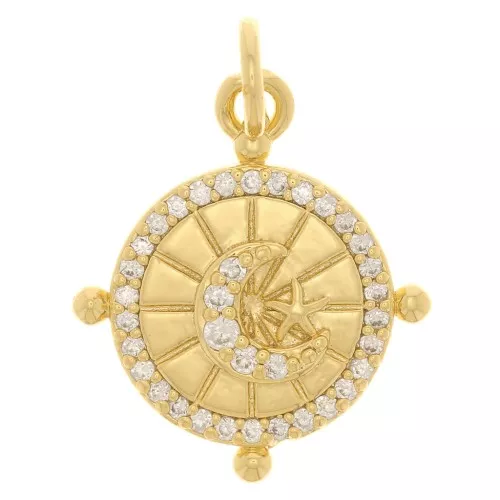 Colgante redondo con motivo de luna y estrella y óxido de zirconio 15 mm - Dorado - Cristal x1