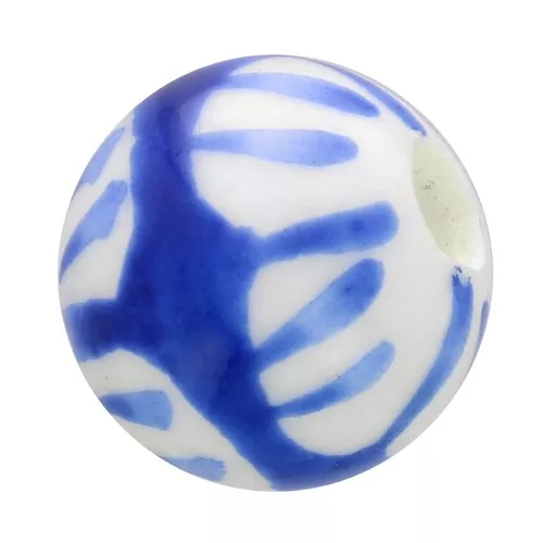 Cuentas redondas de cerámica de 8 mm - patrón gráfico - Blanco - Azul x4