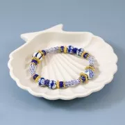 Cuentas redondas de cerámica de 8 mm - patrón gráfico - Blanco - Azul x4