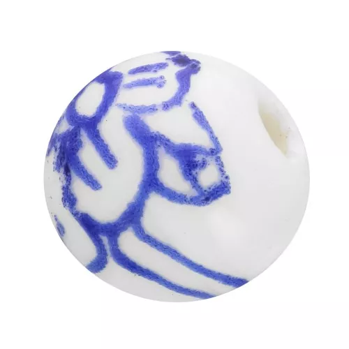 Cuentas redondas de cerámica 10 mm - floral - Blanco - Azul x4