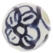 Cuentas redondas de cerámica 10 mm - flor y escritura - Blanco - Azul x4