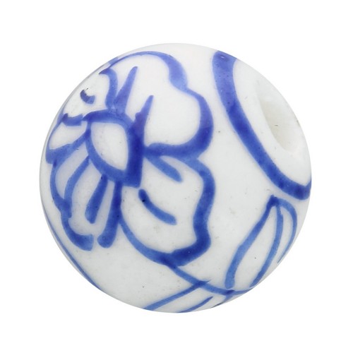 Cuentas redondas de cerámica de 10 mm - motivo floral - Blanco - Azul x4