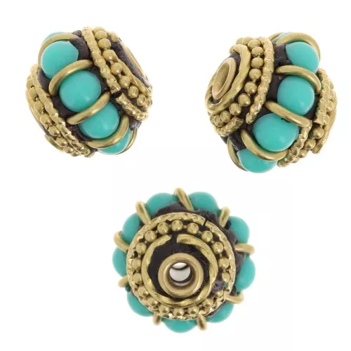 Cuenta étnica indonesia Arandela 11x13 mm - Turquesa - Dorado x1