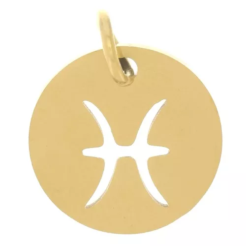 Colgante redondo - signo astrológico Piscis 12 mm - Acero inoxidable 304 dorado x1
