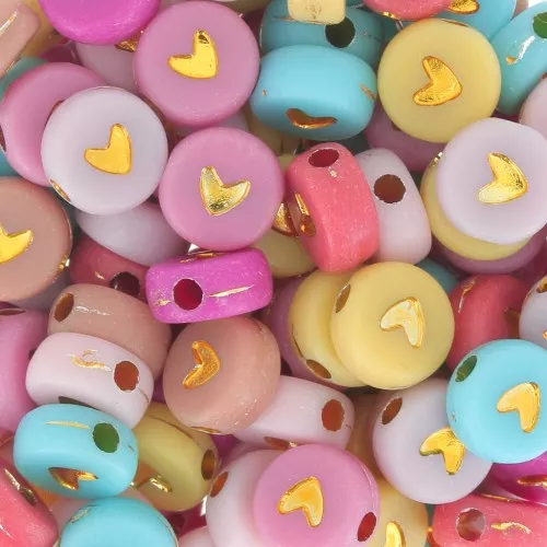 Surtido de 20 cuentas redondas de corazón - 7 mm - Multicolore pastel - Doré