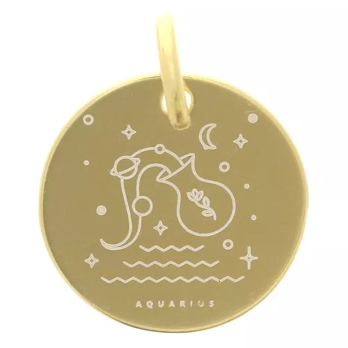 Colgante redondo 13,5 mm - signo astrológico Acuario - Plata 925 Dorada x1