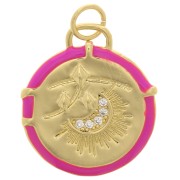 Colgante redondo motivo luna con resina epoxi y óxido de zirconio 18 mm - Dorado - Rosa fluorescente x1|raw }}
