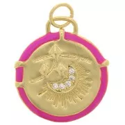 Colgante redondo motivo luna con resina epoxi y óxido de zirconio 18 mm - Dorado - Rosa fluorescente x1