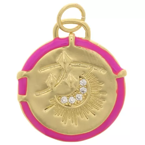 Colgante redondo motivo luna con resina epoxi y óxido de zirconio 18 mm - Dorado - Rosa fluorescente x1