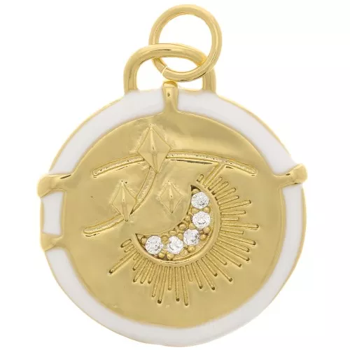 Colgante redondo motivo luna con resina epoxi y óxido de zirconio 18 mm - Dorado - Blanco x1