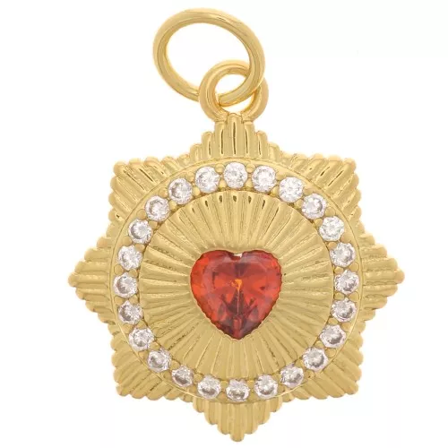 Colgante a rayas - motivo corazón - con óxido de zirconio de 14 mm - Dorado - Naranja x1