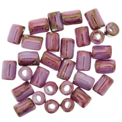 Cuentas de tubo estilo cerámica Heishi 7x5 mm - Fucsia jaspeado iridiscente x5