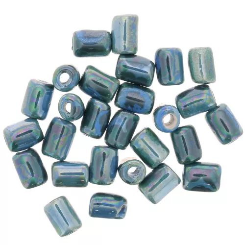 Cuentas tubos de cerámica estilo Heishi 7x5 mm - Azul jaspeado iridiscente x5